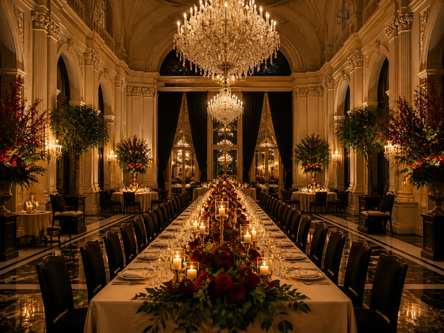 Grand candlelit event salon prepared for dinner