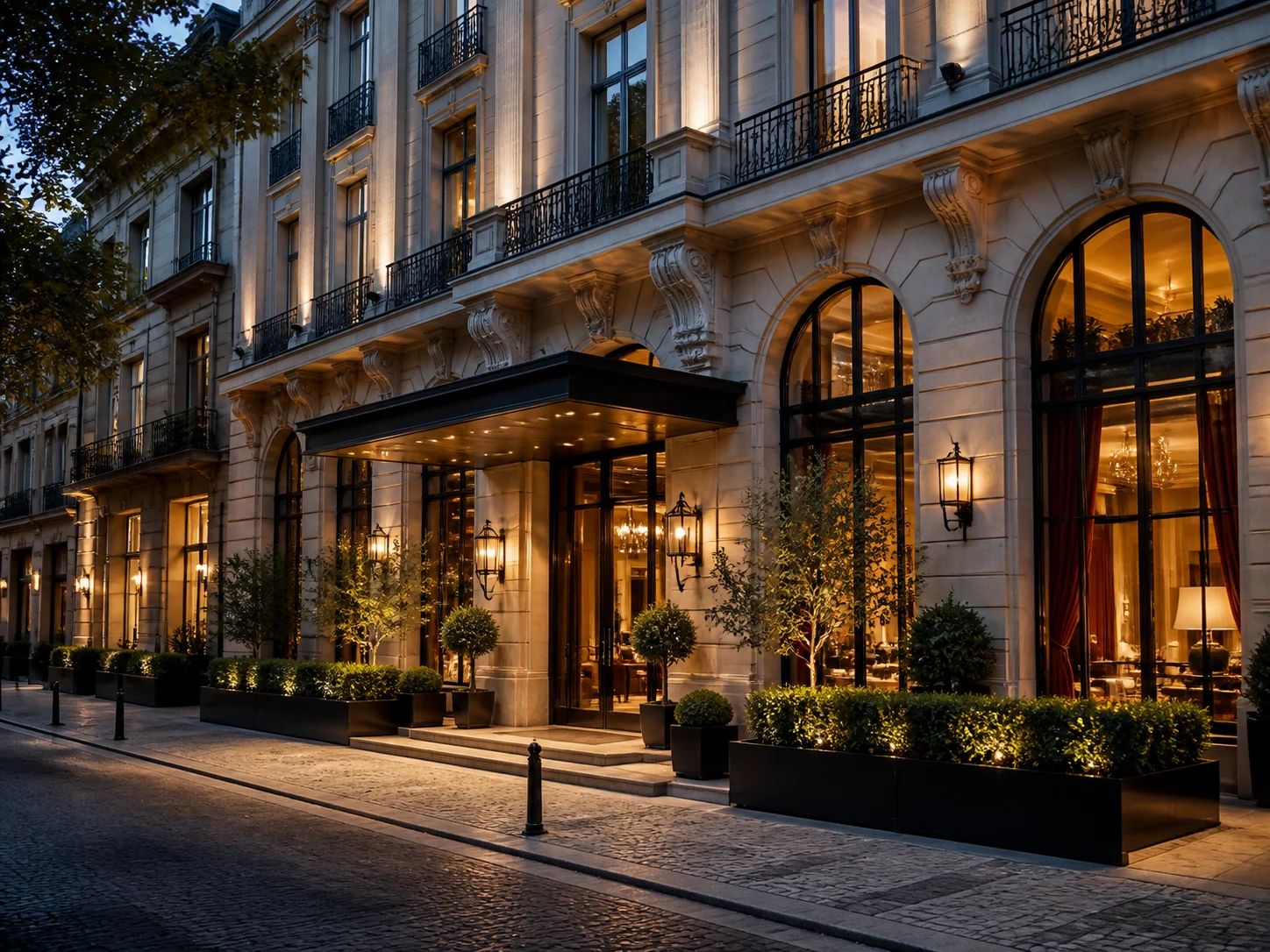 Urban luxury hotel arrival court at evening