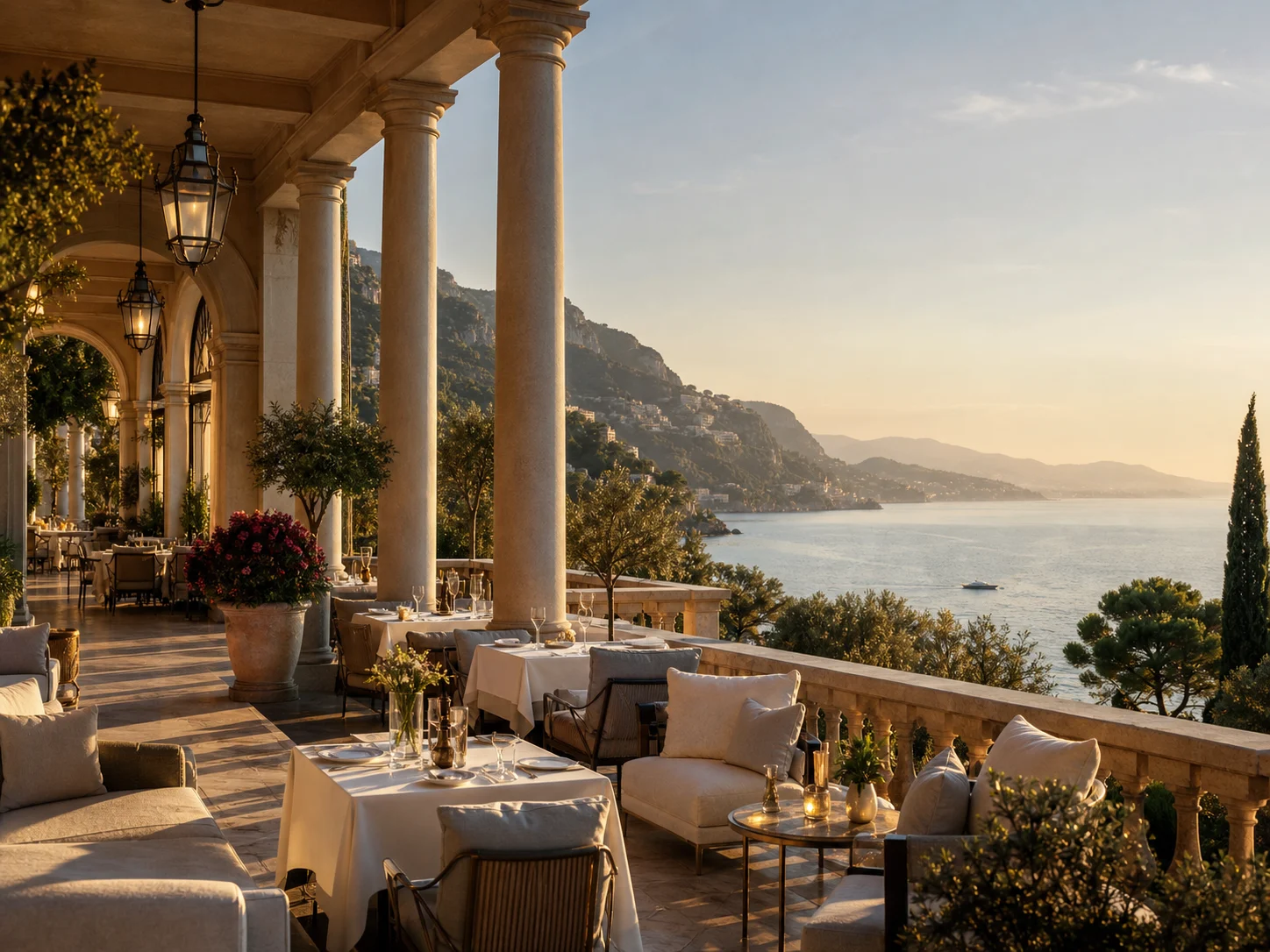 Elegant coastal hospitality terrace prepared for guests